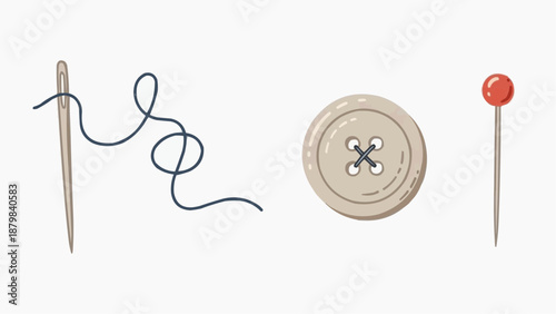 Thread, Button, and Pin, Close-up View of Sewing Tools on a Clean Background