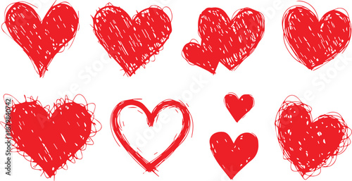 Red crayon heart collection with textured effect - vector hand drawn romantic shapes in sketch style showing different strokes and filling patterns.