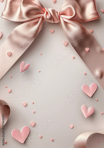 Luxury Romantic Wedding Invitation Background with Blush Pink Satin Bow and Floating 3D Hearts