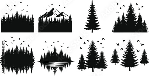 Pine forest silhouette collection with mountains, flying birds, and nature scenery elements in minimalist black vector illustration set