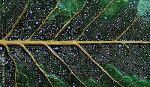 Electronic circuitry pattern overlaying natural green leaf texture