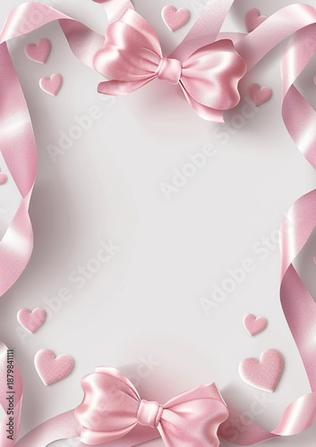 Luxury Romantic Greeting Card Background with Blush Pink Satin Bow and Floating 3D Hearts