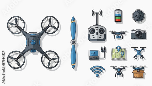 Drone and its components illustrated in a detailed graphic representation showcasing various parts and accessories