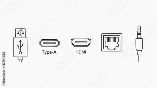 Various computer ports and connectors illustrated in a simple line art style, showcasing USB, Type-A, HDMI, and audio jack from left to right.