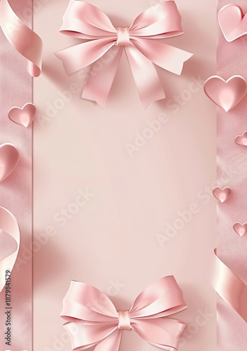 Luxury Romantic Greeting Card Background with Blush Pink Satin Bow and Floating 3D Hearts