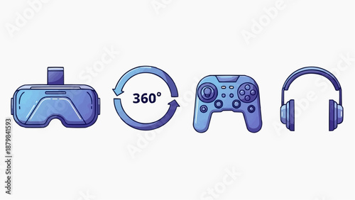 Virtual reality headset, controller, and headphones displayed alongside 360-degree symbol, representing immersive gaming technology and interactive entertainment, fx.svg reference