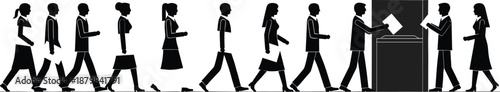 People voting in election line silhouette, democratic process and civic duty concept, citizens casting ballots, political participation, black and white illustration