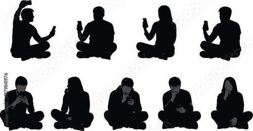 People using smartphone silhouette collection showing men and women sitting cross legged, browsing, texting, and social media addiction poses for modern lifestyle concept designs