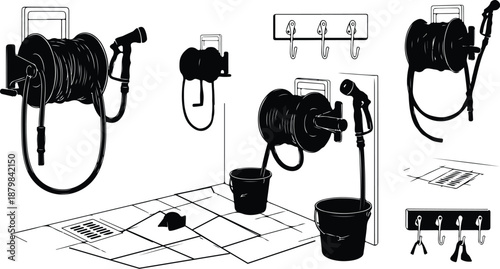 Black and white illustration of hose reel and accessories