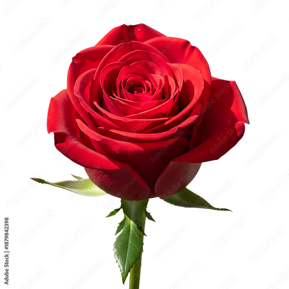 Fototapeta premium Closeup of a single red rose with green leaves and stem isolated on transparent background transparent background