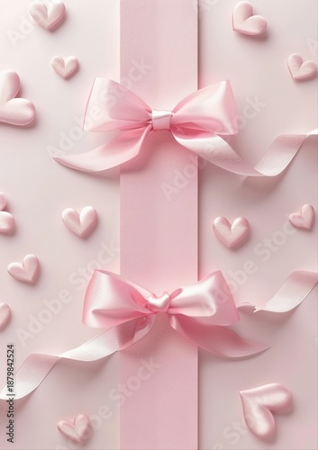 Luxury Romantic Greeting Card Background with Blush Pink Satin Bow and Floating 3D Hearts