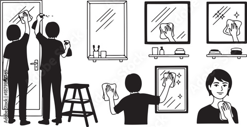 People cleaning windows and mirrors with squeegee and cloth