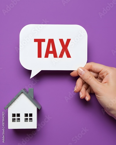 Hand holding Taxes sheet over house. Paying taxes for real estate and land. Legal compliance and long-term financial responsibility concept.