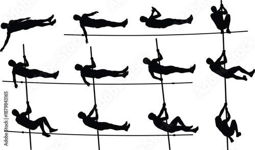 Collection of pole vault silhouettes showing athlete progression from run-up, take-off, bar clearance, and descent arranged for sports illustration design