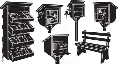 Newspaper vending machines and a bench in black outline