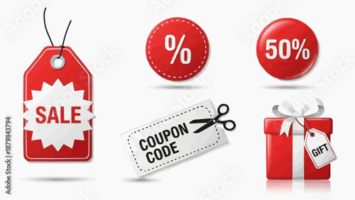 Assorted discount icons including sale tag, percentage symbols, coupon code, and gift box, representing promotional offers and discounts