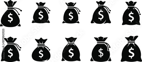 Black money bag icon set with dollar symbols, finance and wealth silhouettes, vector illustrations isolated on white background