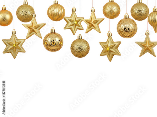 Golden christmas ornaments hanging isolated on transparent background