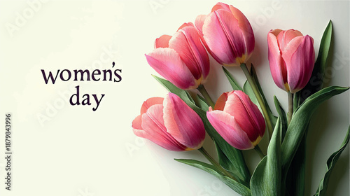 Women's Day postcard with tulips and flowers. Women's Day card design. Tulips background. Bouquet of flowers with tulips background.