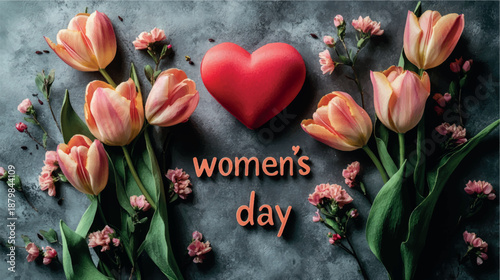 Women's Day postcard with tulips and flowers. Women's Day card design. Tulips background. Bouquet of flowers with tulips background.
