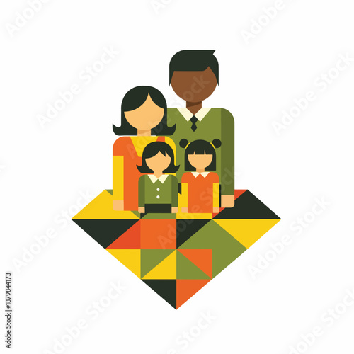 Diverse family of four, parents and two daughters, standing together on a colorful geometric base, symbolizing unity