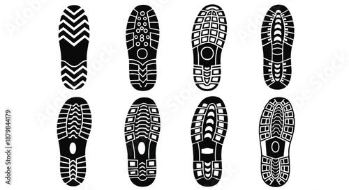 Collection of diverse black boot sole footprints, isolated on white background, ideal for design and manufacturing.