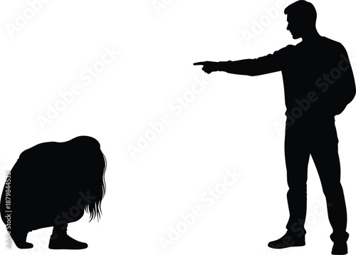 Man pointing accusing finger at crouching person silhouette, bullying and intimidation concept, social conflict and psychological pressure, abuse and power imbalance, black and white illustration