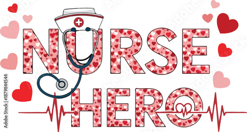Medical Themed Nurse Hero Graphic with Pink Heart Patterns and Stethoscope for Valentines , Generative Ai