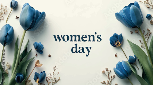 Women's Day postcard with tulips and flowers. Women's Day card design. Tulips background. Bouquet of flowers with tulips background.