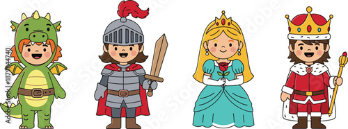 Cute kids fantasy costume characters including dragon knight princess and king, cartoon medieval fairytale vector illustration set design