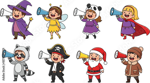 Cute kids wearing fantasy and holiday costumes shouting with megaphones, cartoon character set including witch fairy pirate santa vector illustration