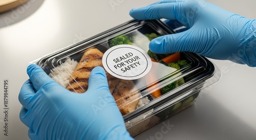 Hands in gloves applying Sealed for your Safety sticker, hygienic and professional, food delivery packaging concept on clean table