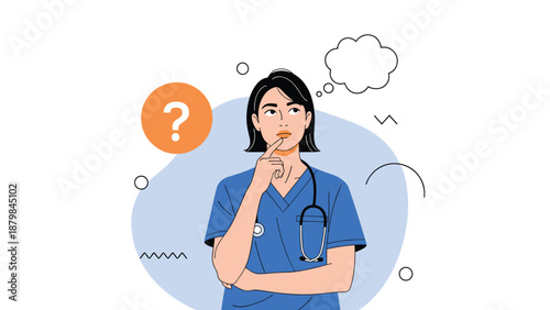 Pensive female nurse in blue scrubs thinking deeply with a question mark and a white thought bubble floating nearby.