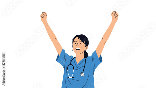 Excited female nurse in blue scrubs celebrating with her arms raised in the air after a successful medical outcome.