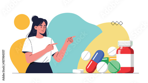 Young woman pointing towards a collection of medical pills, capsules, and a drug bottle to provide health advice or medication information.