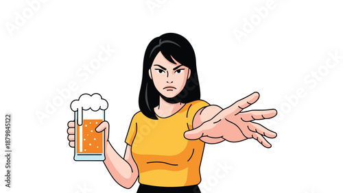 Frustrated woman holding a glass of beer while making a stopping gesture with her hand to express refusal or boundary setting.