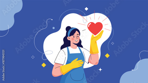 Kind woman wearing an apron and cleaning gloves holding a bright glowing heart to represent passion for service or domestic care.
