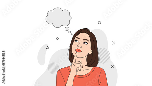 Pensive young woman looking upwards while touching her chin with a blank thought bubble representing contemplation and new ideas.