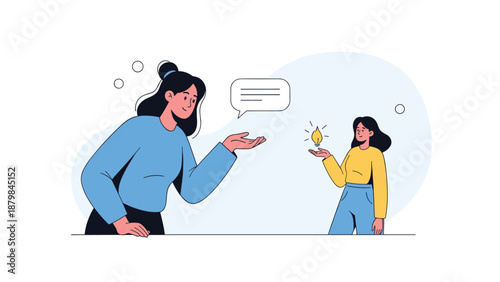 Large woman sharing a message with a smaller woman who holds a glowing lightbulb to symbolize mentoring and the spark of creativity.