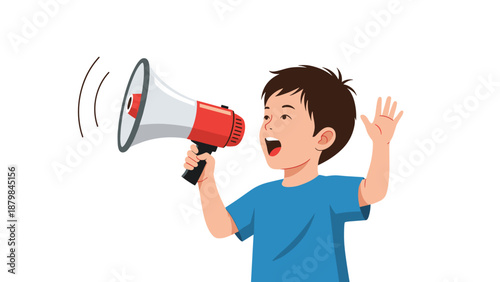 Young boy in a blue t-shirt shouting through a loud megaphone while waving his hand to gain attention or make an announcement.