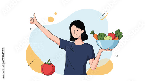 Healthy young woman holding a bowl full of fresh colorful vegetables while giving a thumbs up for a balanced nutritious diet.