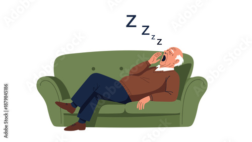 Tired senior man lying back on a comfortable green sofa while yawning and drifting off into a deep sleep with zzz icons.