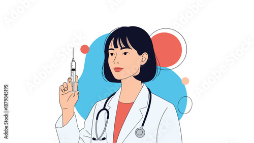 Professional female doctor in a white coat and stethoscope holding a medical syringe ready for vaccination or treatment.