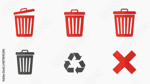 Collection of waste management icons featuring bins and recycling symbol