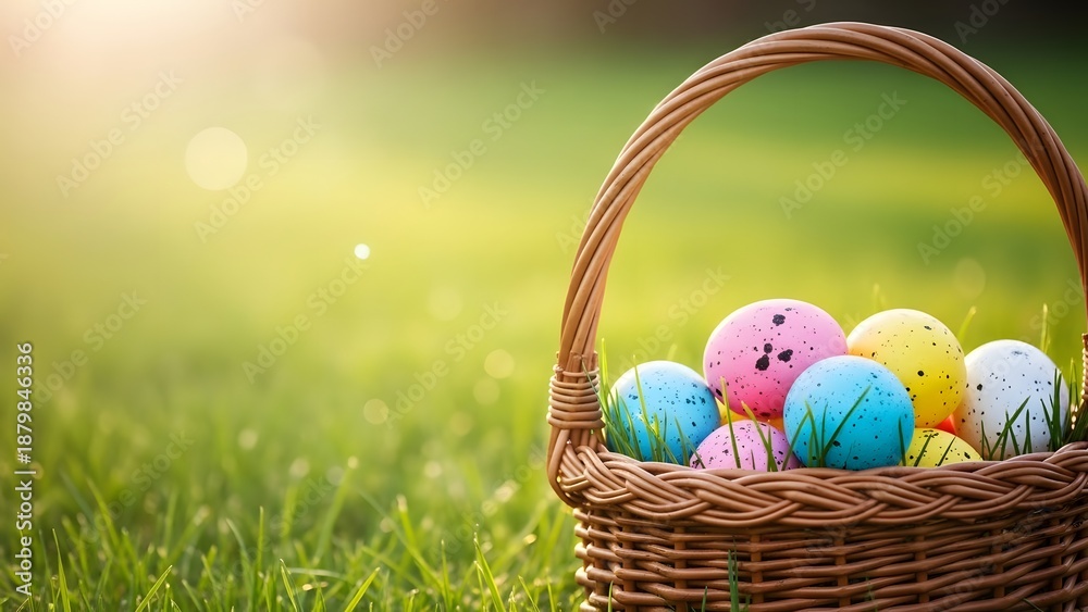 Fototapeta premium Easter egg basket in green grass field on sunny day
