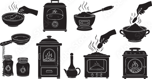 Black and white kitchen cooking icons and utensils set