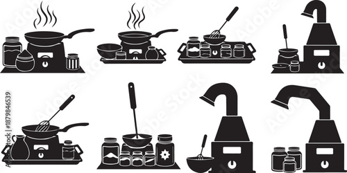 Black and white kitchen utensils and appliances illustration set