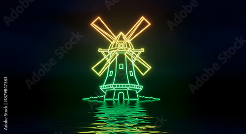 Φωτογραφία Vibrant neon outline of a traditional windmill glowing with a gradient of yellow
