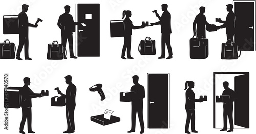 Silhouette of business people with luggage and tools working