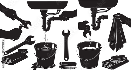 Silhouette of hands fixing sink with tools and equipment